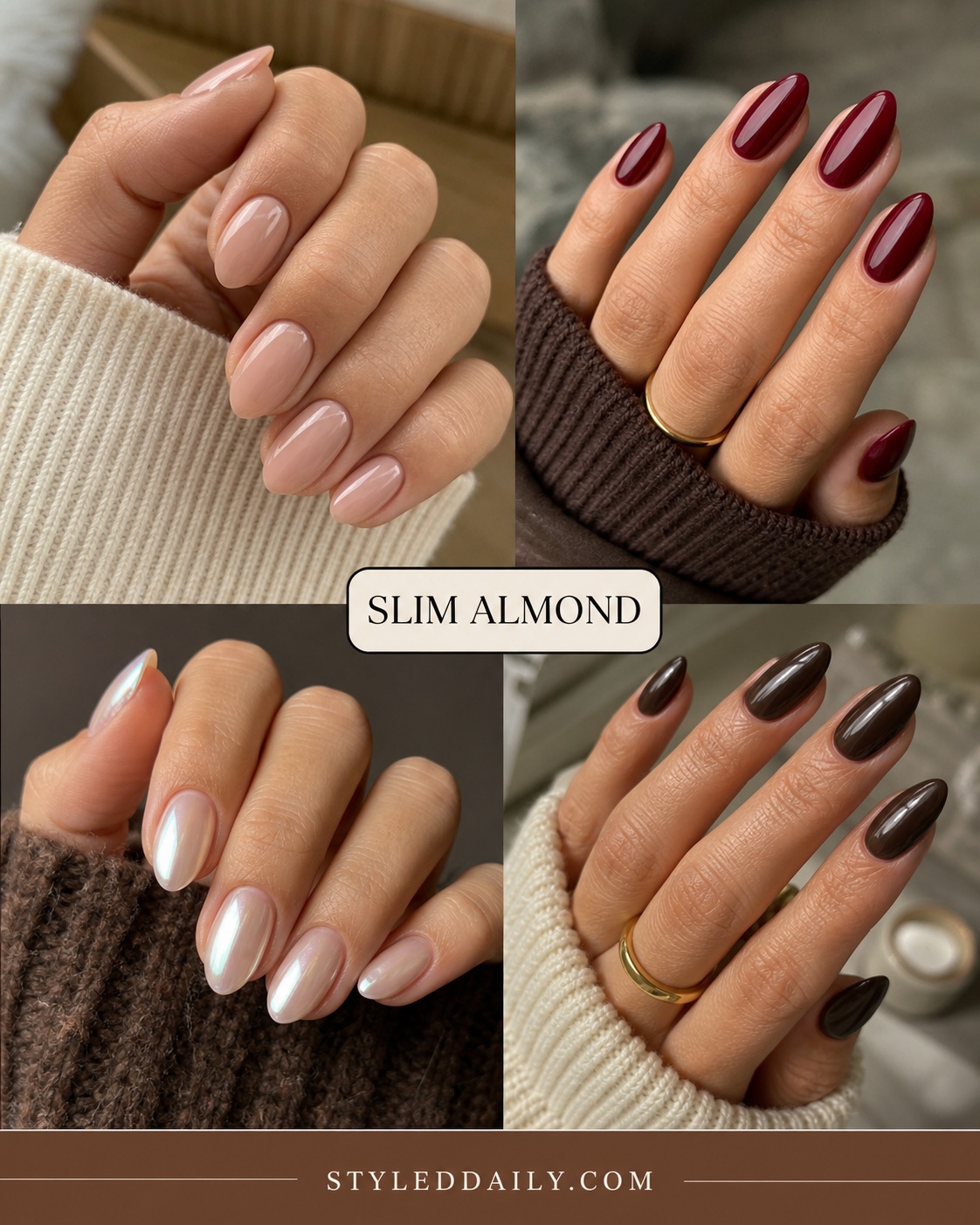 Four slim almond nail looks in nude, cherry, pearl, and espresso