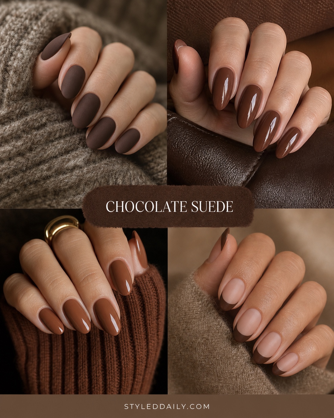 Chocolate suede nail ideas in matte and glossy brown finishes