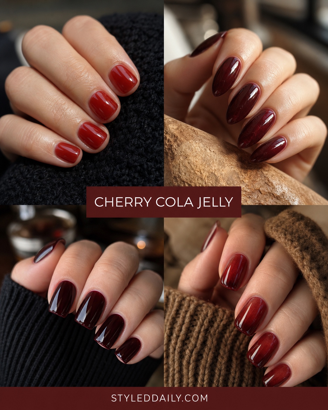 Cherry cola jelly manicures in translucent deep red shades