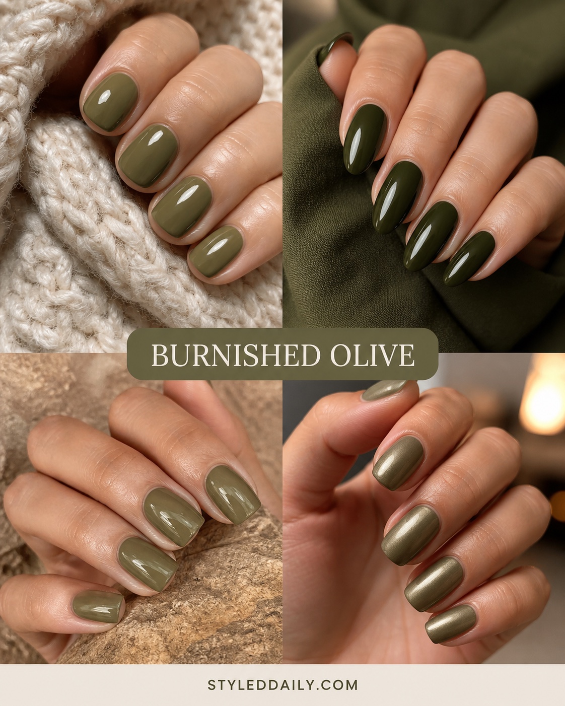 Burnished olive nail ideas in khaki, moss, and metallic finishes