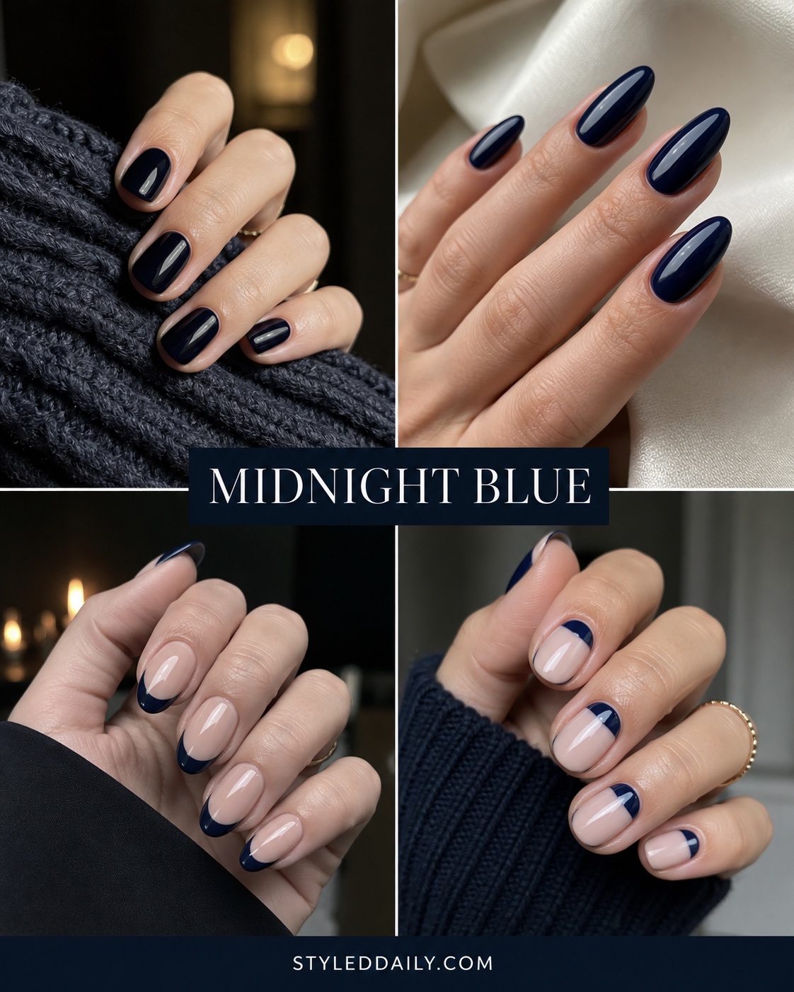 Midnight blue manicure ideas including French tips and half moons