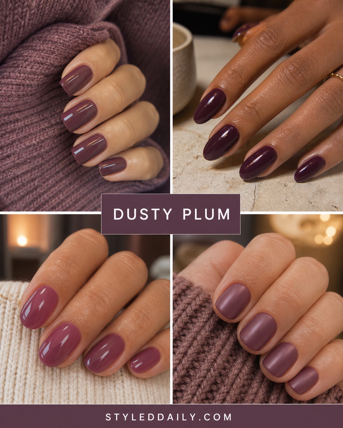 Dusty plum fall manicures in glossy, jelly, and satin finishes