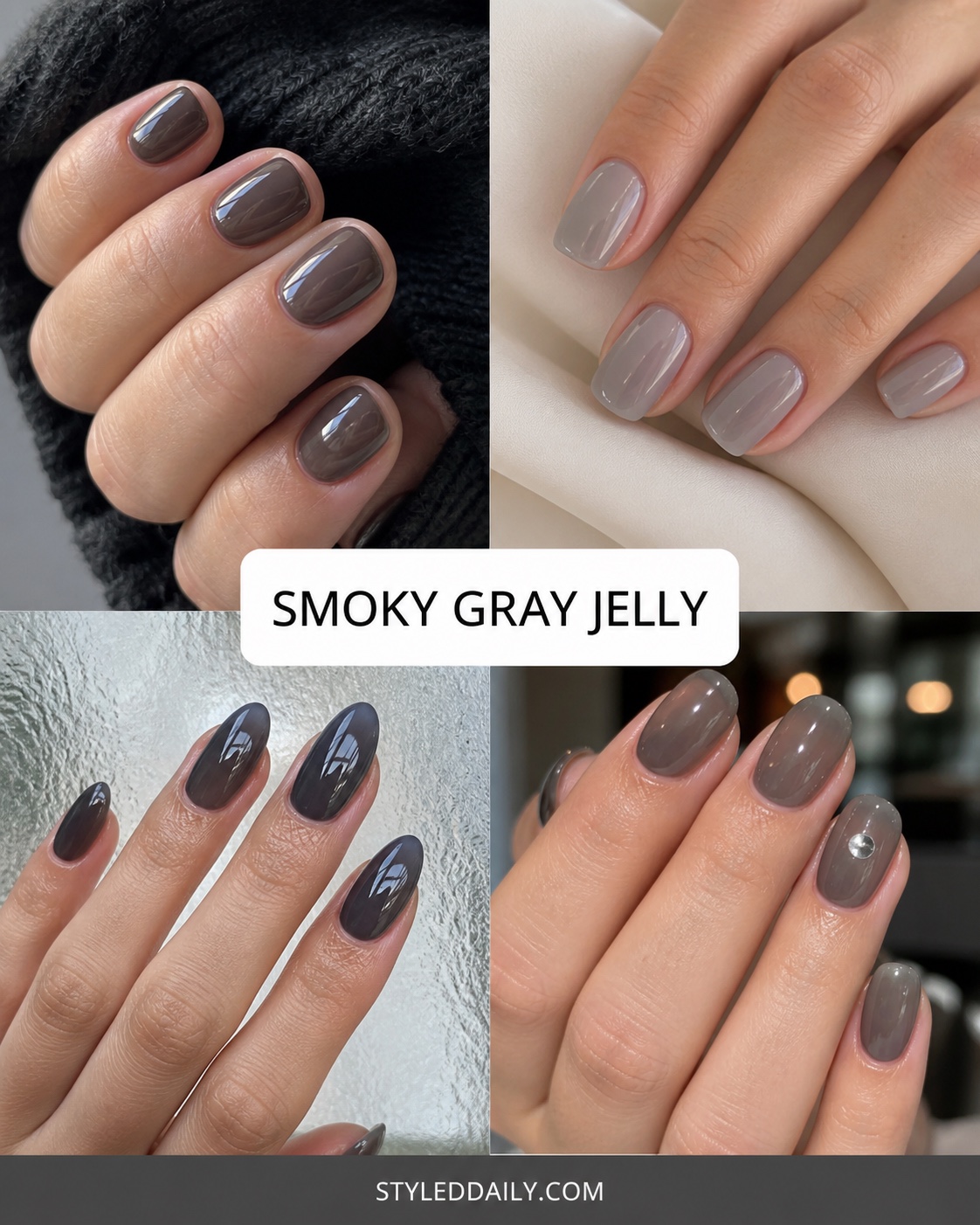 Smoky gray jelly manicure ideas for short and almond nails