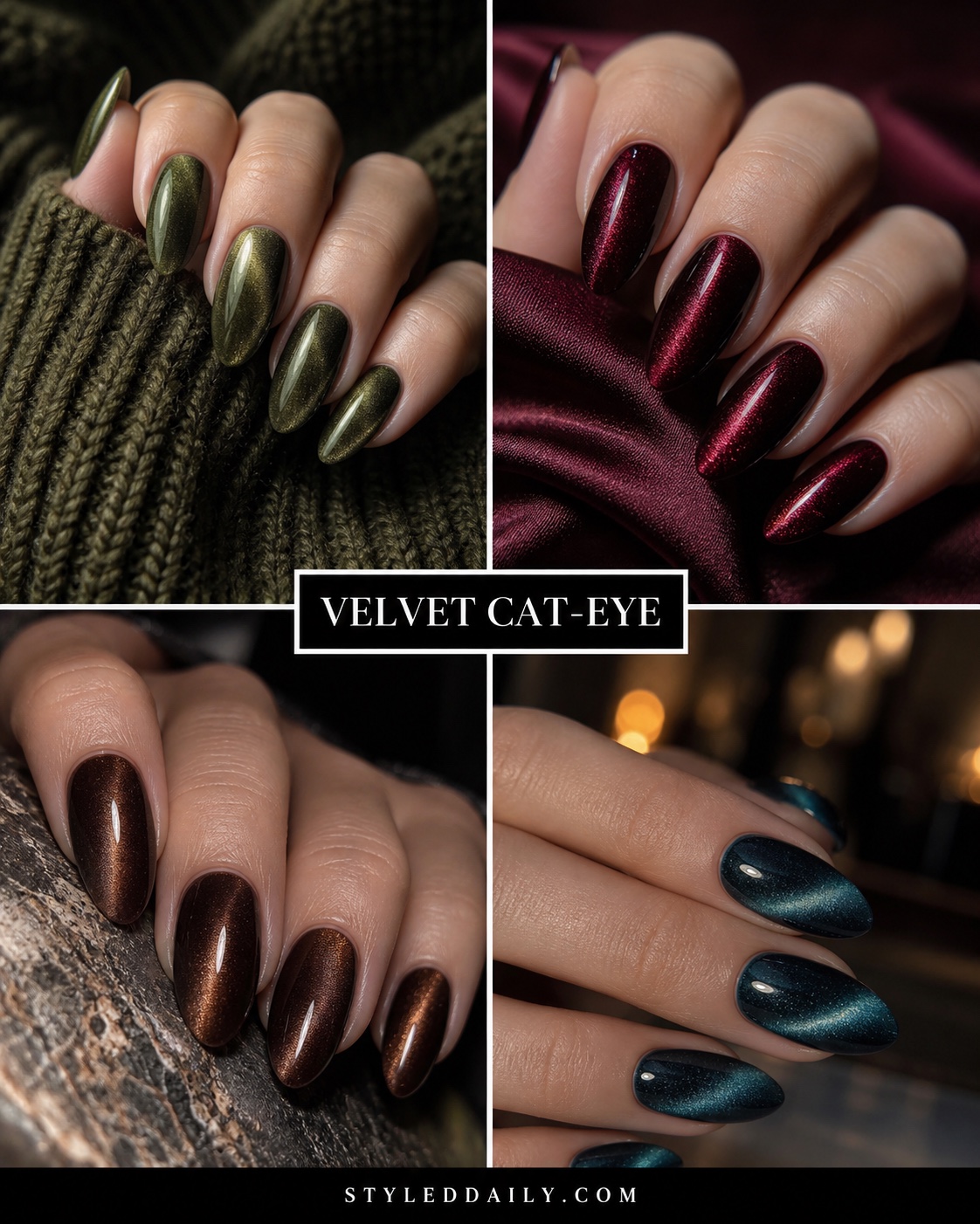 Velvet cat-eye nails in olive, burgundy, espresso, and teal