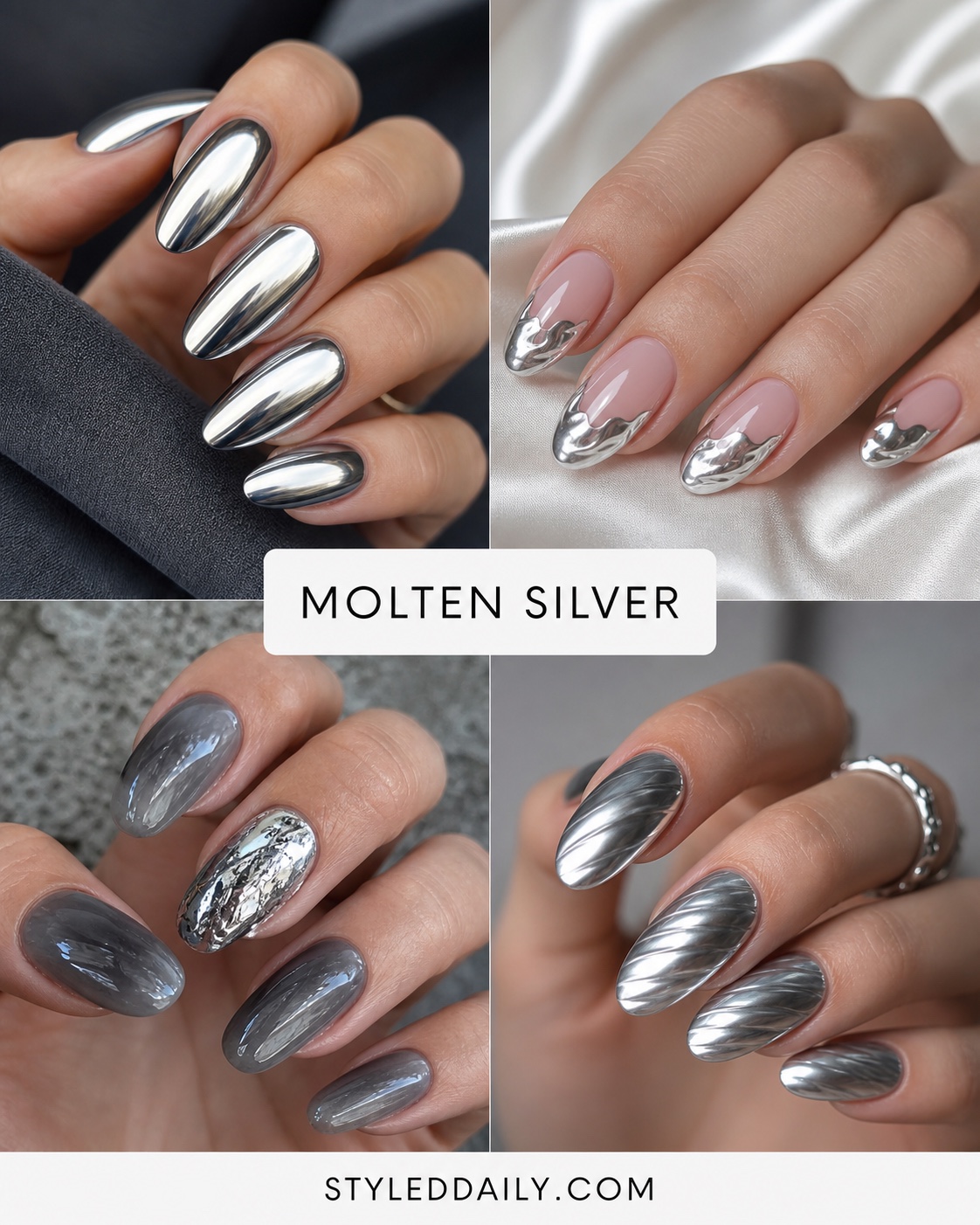 Molten silver chrome nail ideas with liquid metallic effects