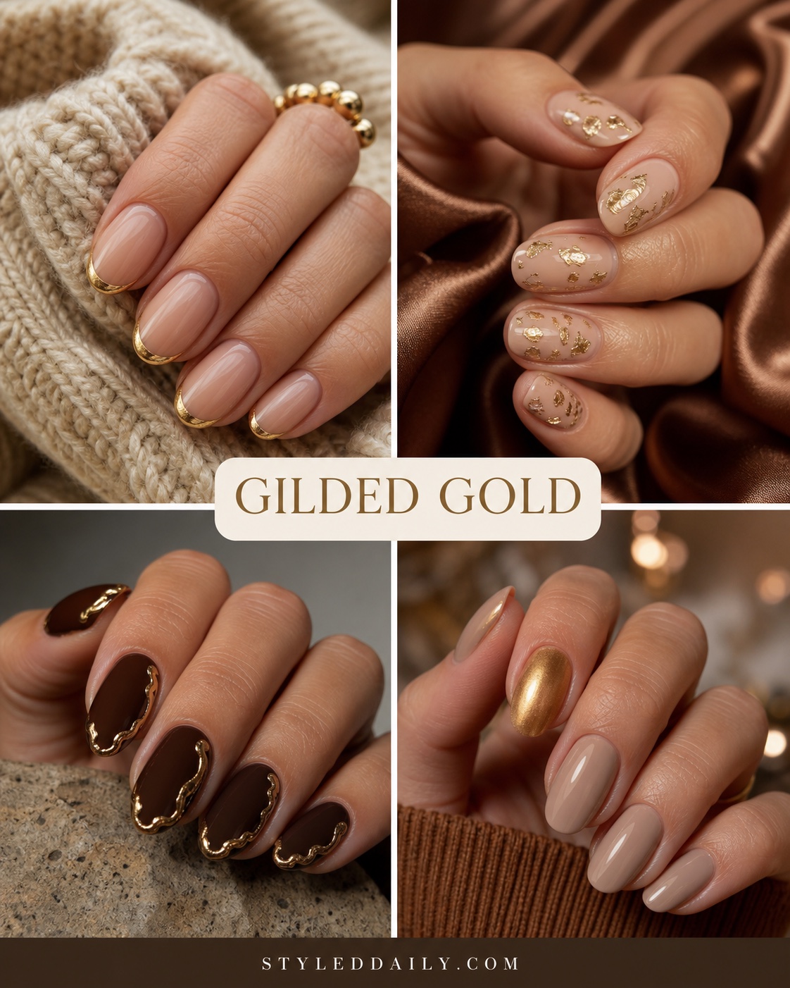Gilded gold manicure ideas with metallic tips and foil accents