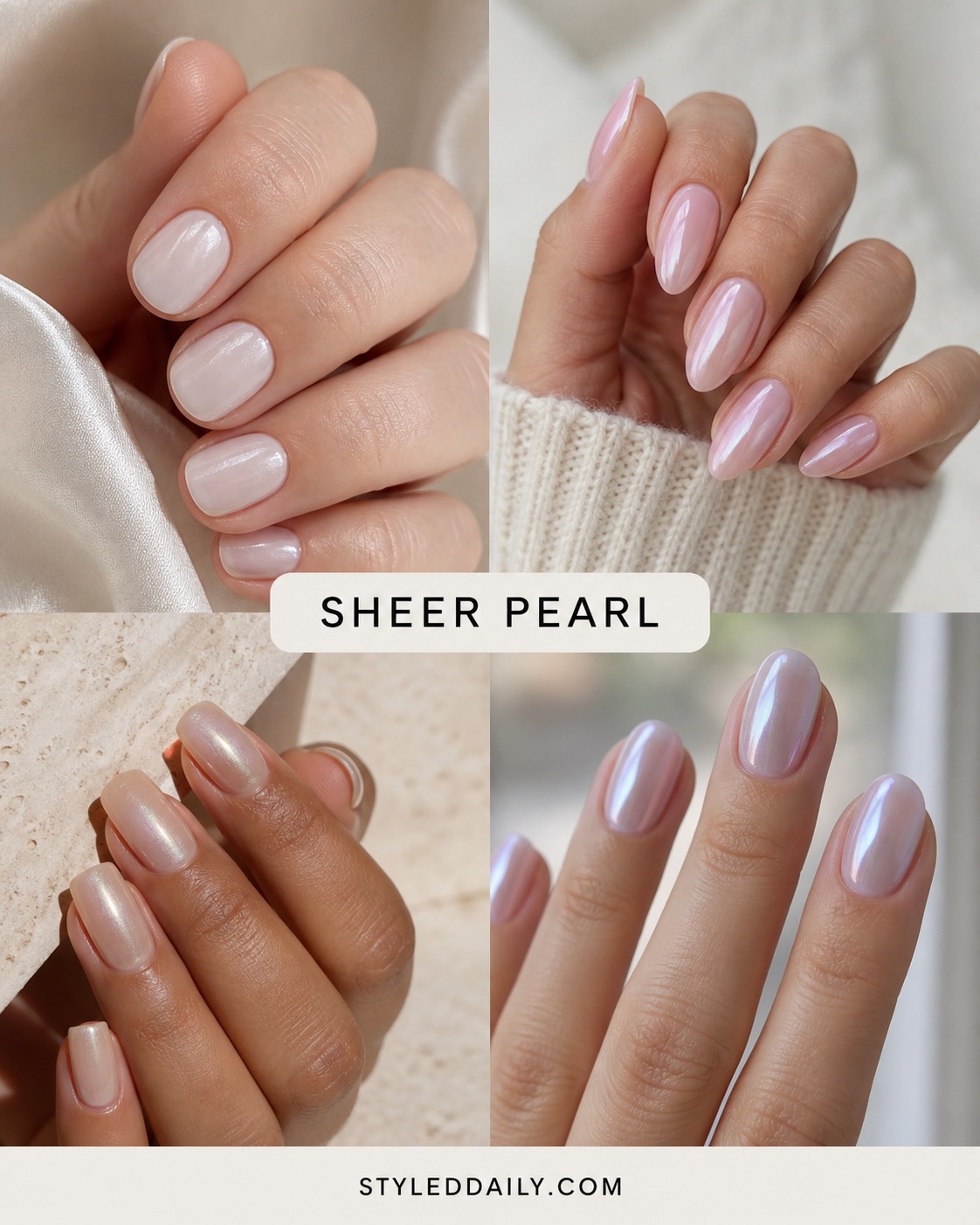 Sheer pearl manicures with pink, champagne, and opal shine