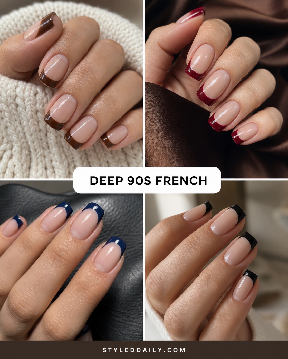 Deep 90s French manicures with chocolate, cherry, navy, and black tips