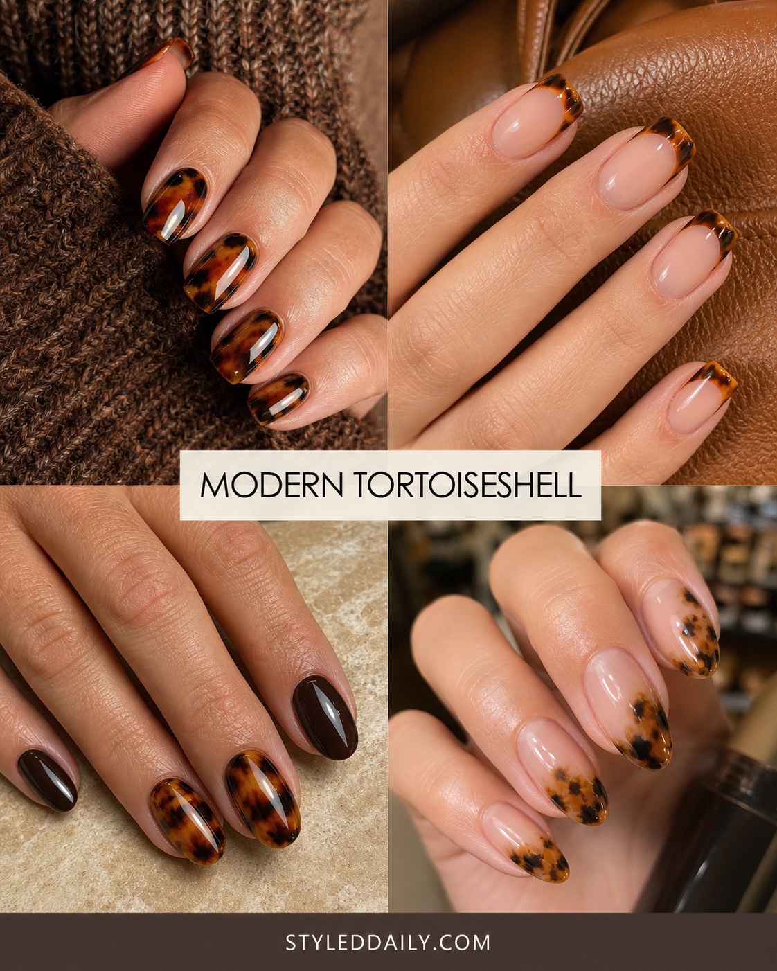 Modern tortoiseshell nails with amber layers and negative space