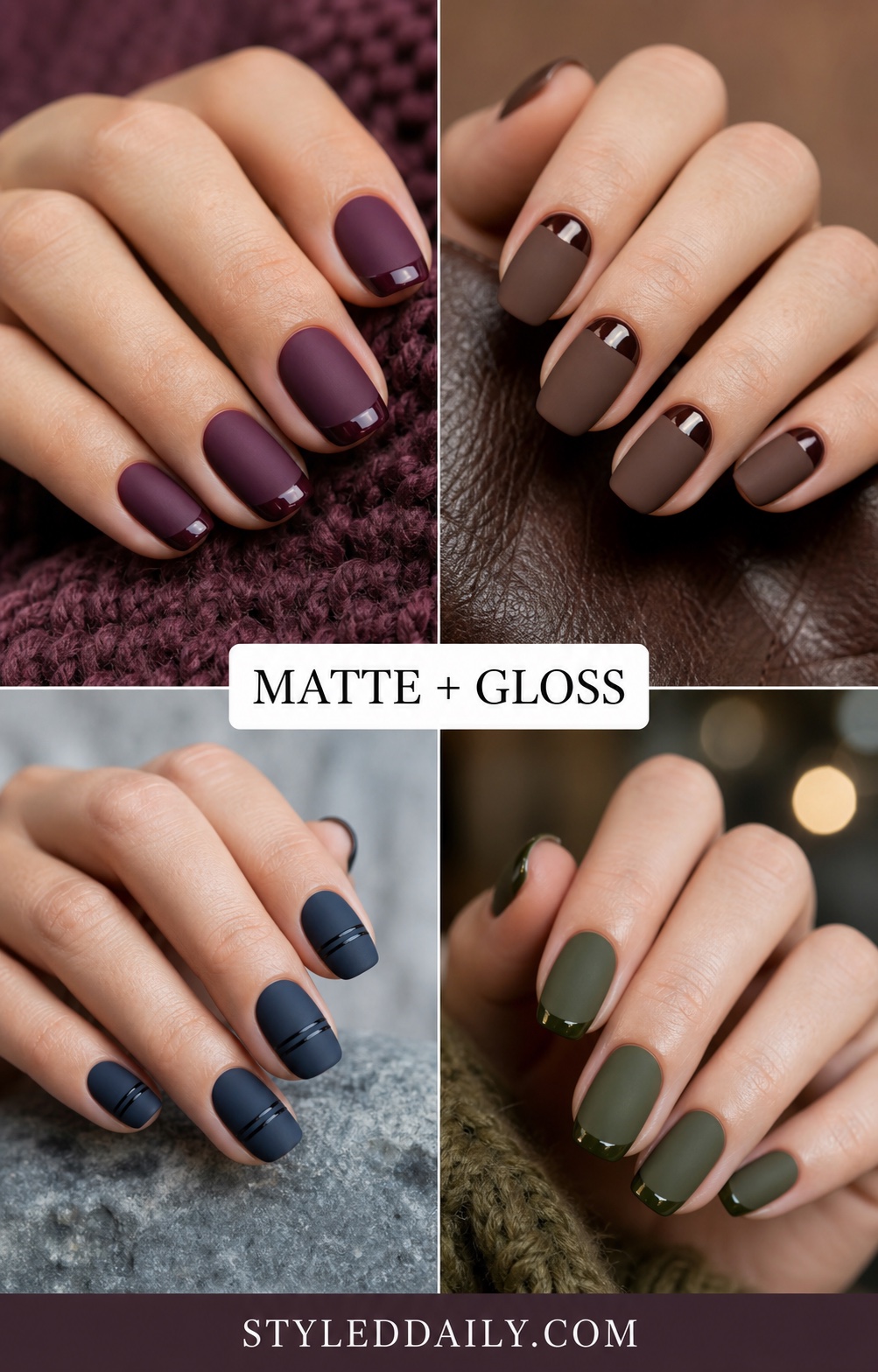 Fall manicures combining matte and glossy finishes